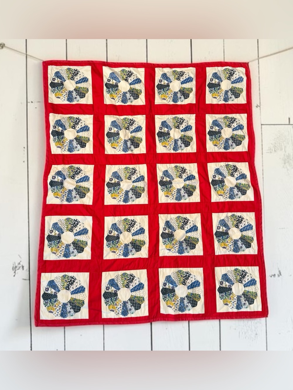 Vintage Handmade Red and Blue Floral Patchwork lap Quilt Home Accent baby crib